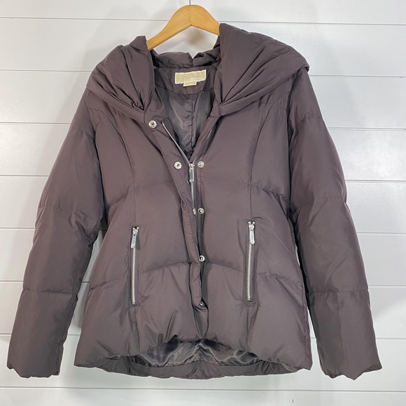 Michael Kors Jacket Womens Medium Brown Hooded Puffer Down Quilted Winter Coat - Picture 1 of 14